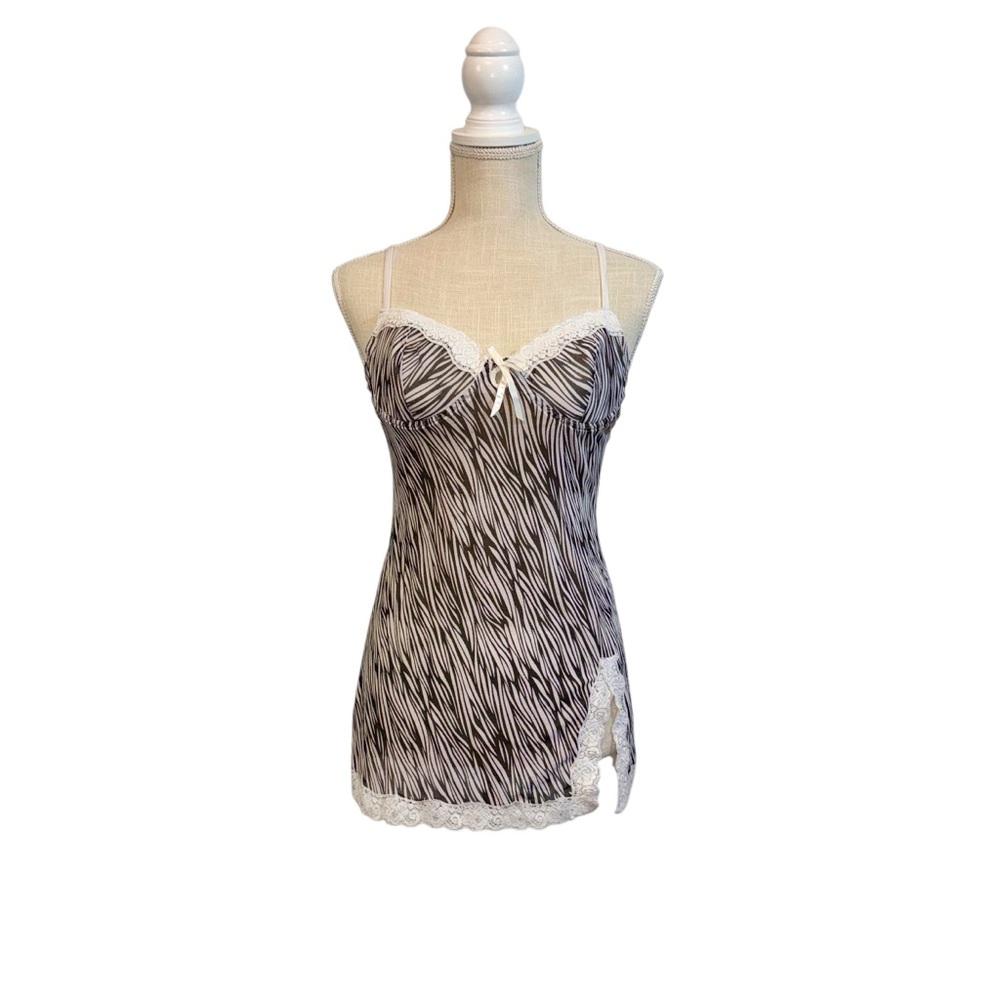 VTG Rampage Zebra Print Lingerie Babydoll Dress Cami Lace Bra Womans Sz MD Y2K